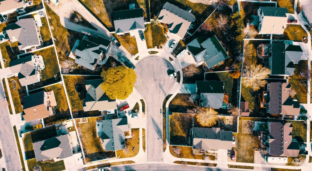 Aerial view capturing the layout of a suburban neighborhood in Herriman, Utah.